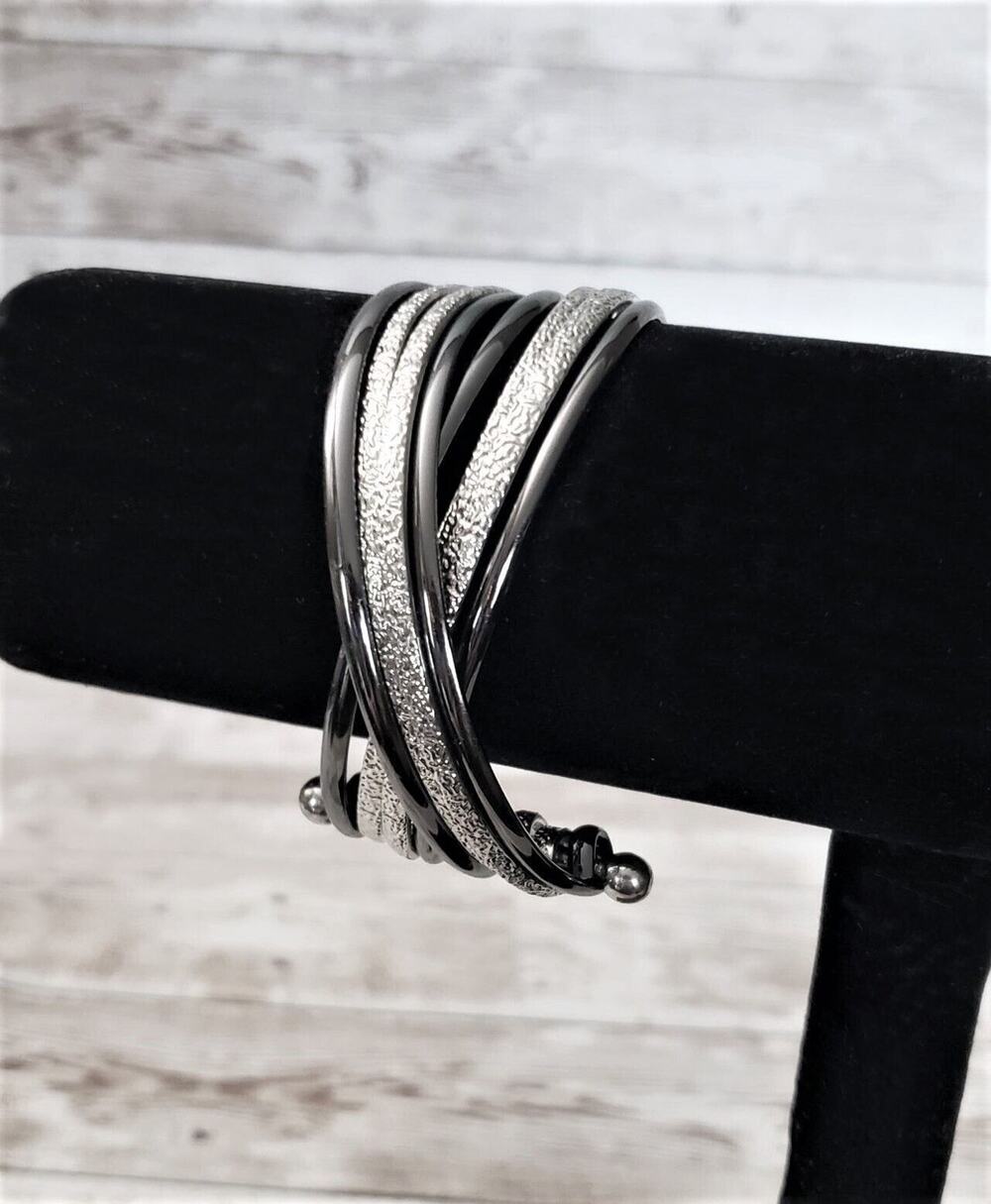 Vintage Bracelet / Bangle / Cuff Stunning Dark Gray & Silver Tone Cross Over